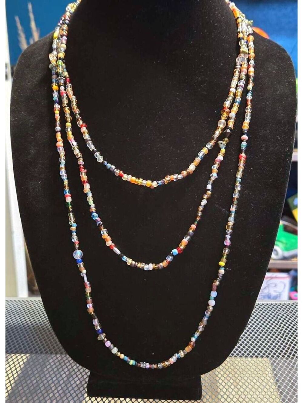 Vintage Multi Strand Glass and Seed Bead Long Necklace 75 inches